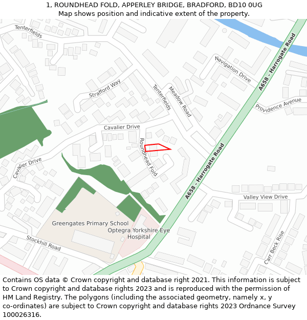 1, ROUNDHEAD FOLD, APPERLEY BRIDGE, BRADFORD, BD10 0UG: Location map and indicative extent of plot