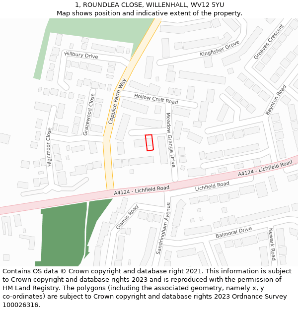 1, ROUNDLEA CLOSE, WILLENHALL, WV12 5YU: Location map and indicative extent of plot