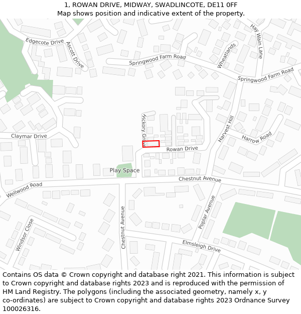 1, ROWAN DRIVE, MIDWAY, SWADLINCOTE, DE11 0FF: Location map and indicative extent of plot