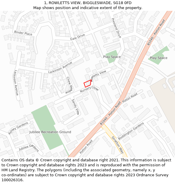 1, ROWLETTS VIEW, BIGGLESWADE, SG18 0FD: Location map and indicative extent of plot