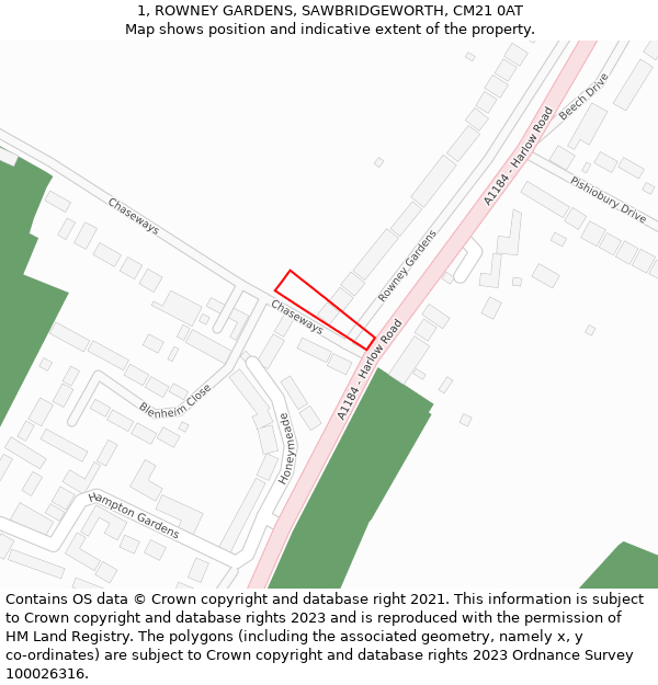 1, ROWNEY GARDENS, SAWBRIDGEWORTH, CM21 0AT: Location map and indicative extent of plot