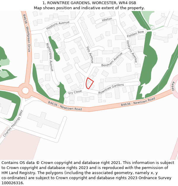 1, ROWNTREE GARDENS, WORCESTER, WR4 0SB: Location map and indicative extent of plot