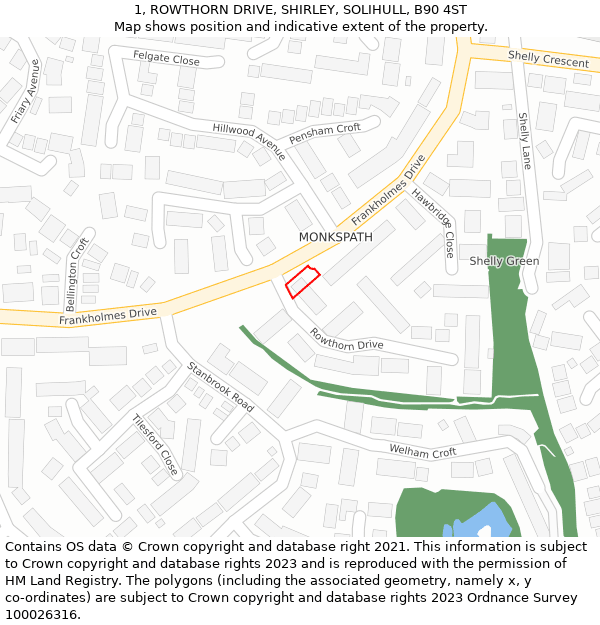 1, ROWTHORN DRIVE, SHIRLEY, SOLIHULL, B90 4ST: Location map and indicative extent of plot