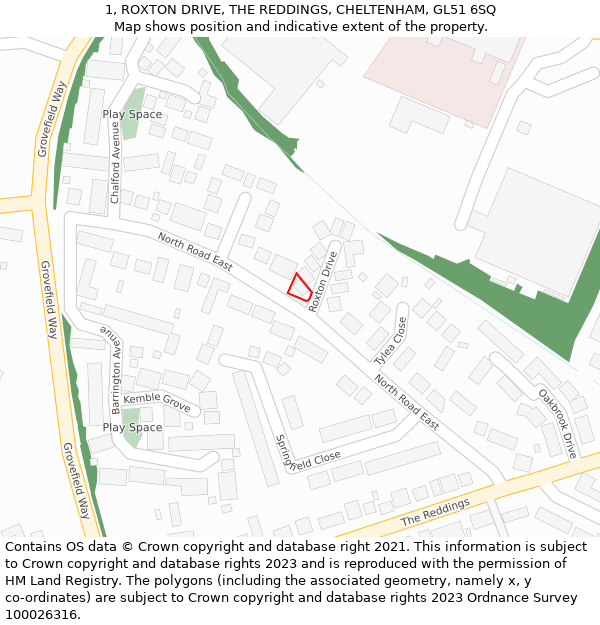 1, ROXTON DRIVE, THE REDDINGS, CHELTENHAM, GL51 6SQ: Location map and indicative extent of plot