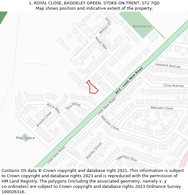 1, ROYAL CLOSE, BADDELEY GREEN, STOKE-ON-TRENT, ST2 7QD: Location map and indicative extent of plot