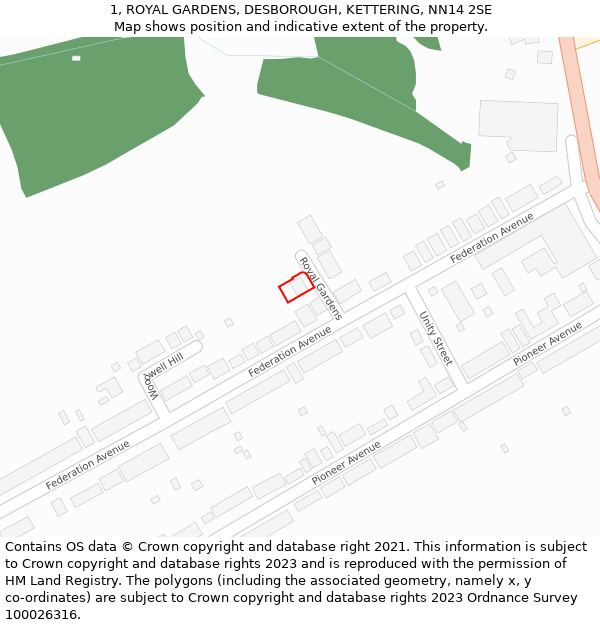 1, ROYAL GARDENS, DESBOROUGH, KETTERING, NN14 2SE: Location map and indicative extent of plot