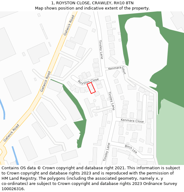 1, ROYSTON CLOSE, CRAWLEY, RH10 8TN: Location map and indicative extent of plot
