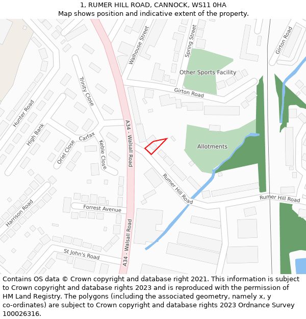 1, RUMER HILL ROAD, CANNOCK, WS11 0HA: Location map and indicative extent of plot