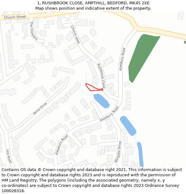 1, RUSHBROOK CLOSE, AMPTHILL, BEDFORD, MK45 2XE: Location map and indicative extent of plot