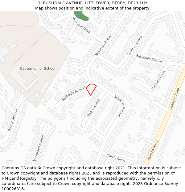 1, RUSHDALE AVENUE, LITTLEOVER, DERBY, DE23 1HY: Location map and indicative extent of plot