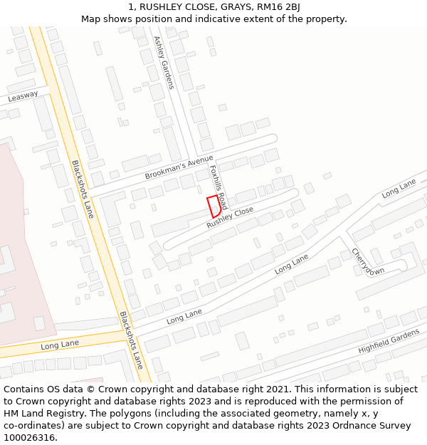1, RUSHLEY CLOSE, GRAYS, RM16 2BJ: Location map and indicative extent of plot