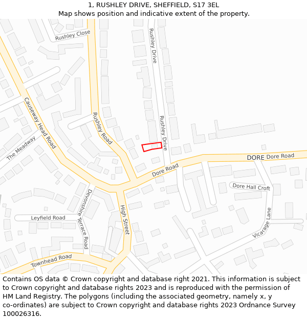 1, RUSHLEY DRIVE, SHEFFIELD, S17 3EL: Location map and indicative extent of plot