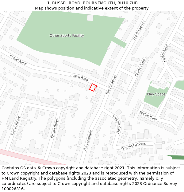 1, RUSSEL ROAD, BOURNEMOUTH, BH10 7HB: Location map and indicative extent of plot