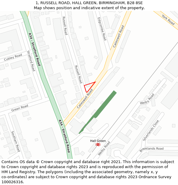 1, RUSSELL ROAD, HALL GREEN, BIRMINGHAM, B28 8SE: Location map and indicative extent of plot