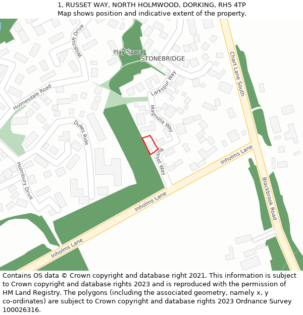 1, RUSSET WAY, NORTH HOLMWOOD, DORKING, RH5 4TP: Location map and indicative extent of plot