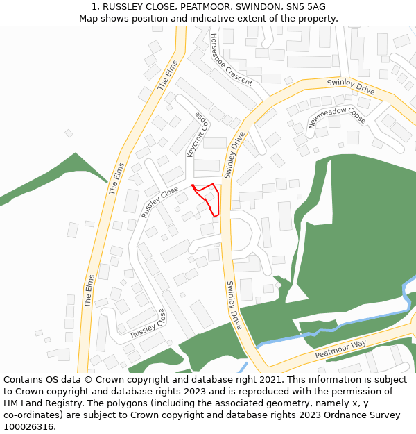 1, RUSSLEY CLOSE, PEATMOOR, SWINDON, SN5 5AG: Location map and indicative extent of plot