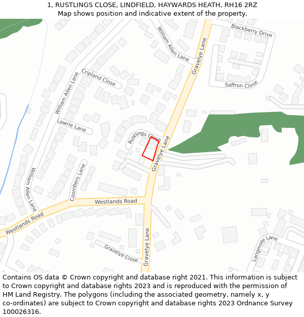 1, RUSTLINGS CLOSE, LINDFIELD, HAYWARDS HEATH, RH16 2RZ: Location map and indicative extent of plot