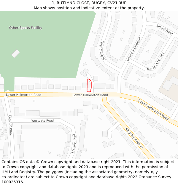 1, RUTLAND CLOSE, RUGBY, CV21 3UP: Location map and indicative extent of plot