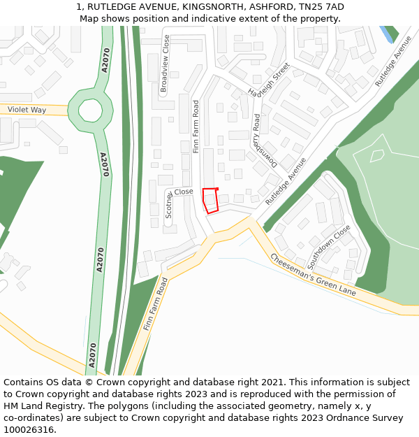 1, RUTLEDGE AVENUE, KINGSNORTH, ASHFORD, TN25 7AD: Location map and indicative extent of plot