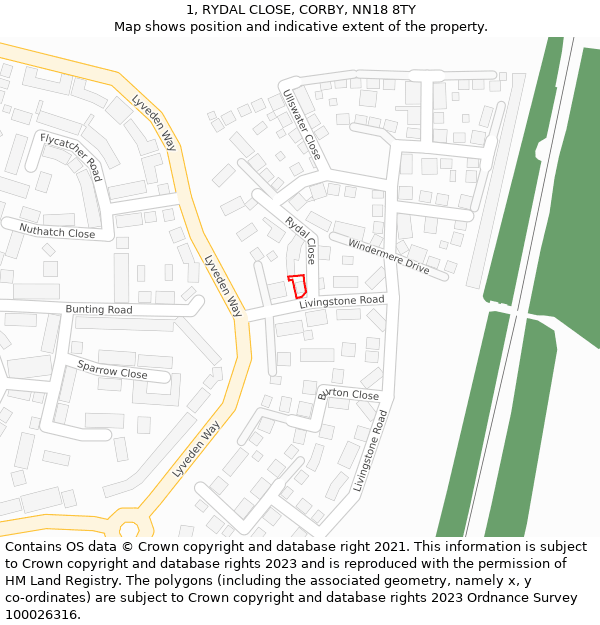 1, RYDAL CLOSE, CORBY, NN18 8TY: Location map and indicative extent of plot