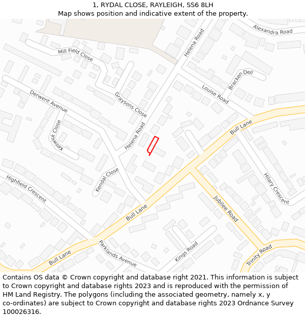 1, RYDAL CLOSE, RAYLEIGH, SS6 8LH: Location map and indicative extent of plot