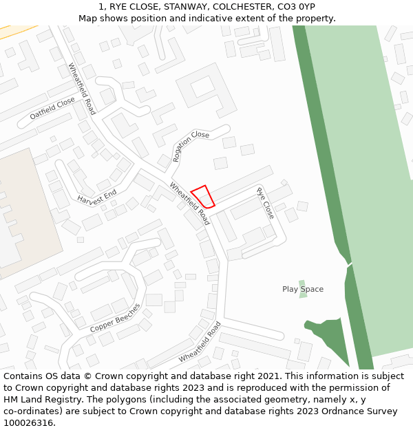 1, RYE CLOSE, STANWAY, COLCHESTER, CO3 0YP: Location map and indicative extent of plot