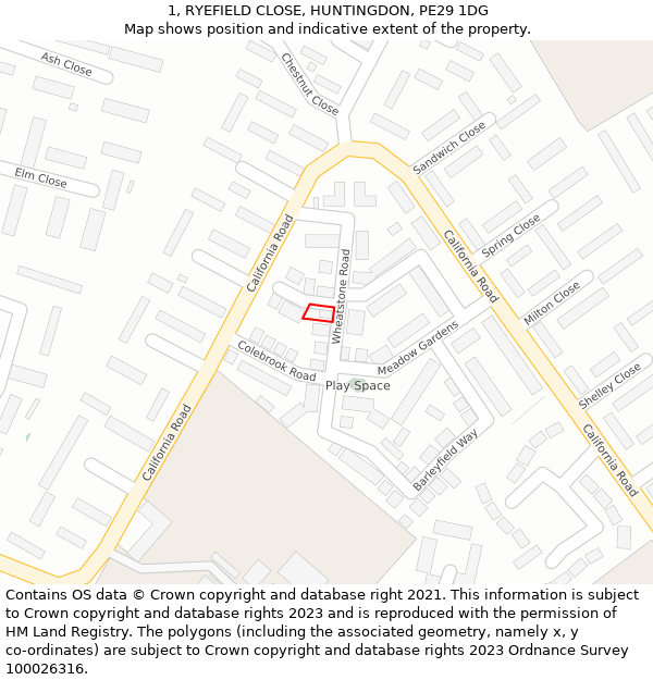 1, RYEFIELD CLOSE, HUNTINGDON, PE29 1DG: Location map and indicative extent of plot
