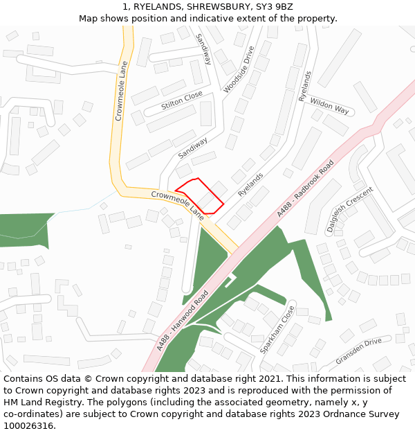 1, RYELANDS, SHREWSBURY, SY3 9BZ: Location map and indicative extent of plot