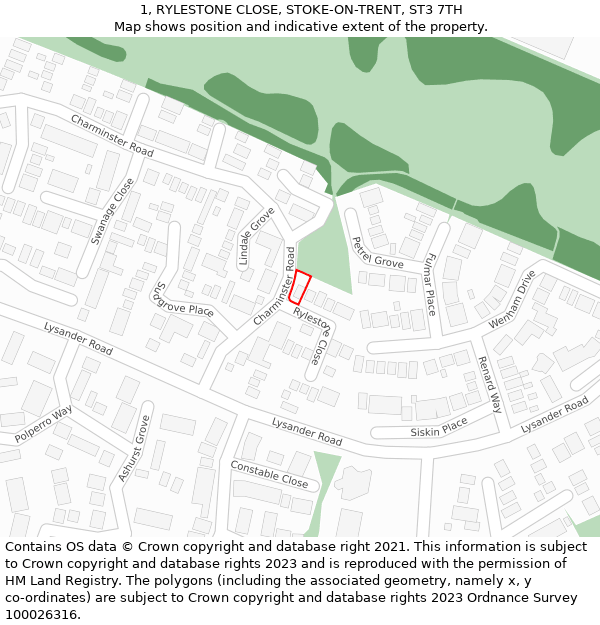 1, RYLESTONE CLOSE, STOKE-ON-TRENT, ST3 7TH: Location map and indicative extent of plot