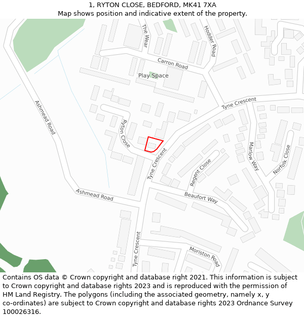 1, RYTON CLOSE, BEDFORD, MK41 7XA: Location map and indicative extent of plot