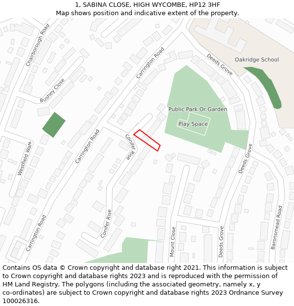 1, SABINA CLOSE, HIGH WYCOMBE, HP12 3HF: Location map and indicative extent of plot