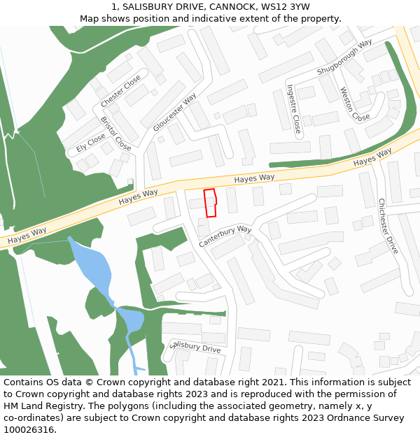 1, SALISBURY DRIVE, CANNOCK, WS12 3YW: Location map and indicative extent of plot