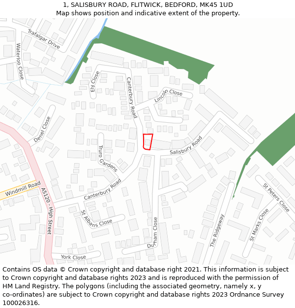 1, SALISBURY ROAD, FLITWICK, BEDFORD, MK45 1UD: Location map and indicative extent of plot