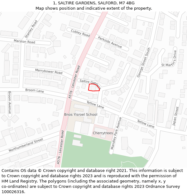 1, SALTIRE GARDENS, SALFORD, M7 4BG: Location map and indicative extent of plot