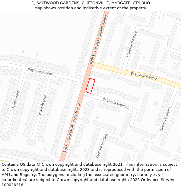 1, SALTWOOD GARDENS, CLIFTONVILLE, MARGATE, CT9 3HQ: Location map and indicative extent of plot