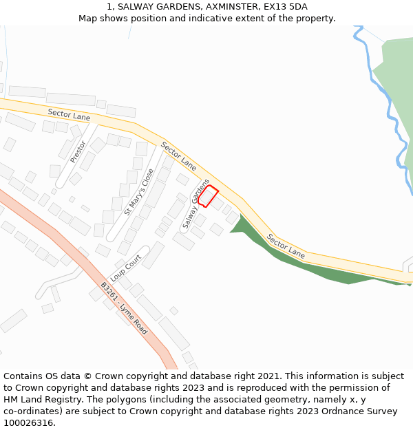 1, SALWAY GARDENS, AXMINSTER, EX13 5DA: Location map and indicative extent of plot