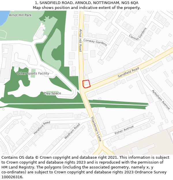 1, SANDFIELD ROAD, ARNOLD, NOTTINGHAM, NG5 6QA: Location map and indicative extent of plot