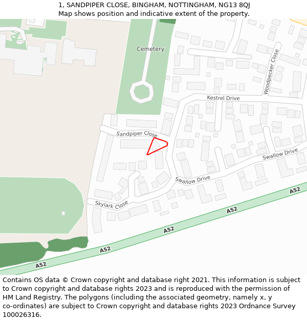 1, SANDPIPER CLOSE, BINGHAM, NOTTINGHAM, NG13 8QJ: Location map and indicative extent of plot