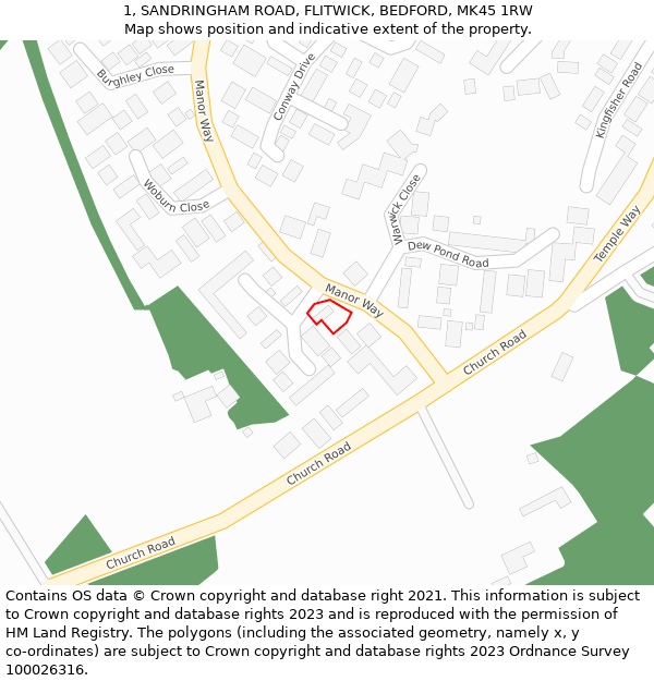 1, SANDRINGHAM ROAD, FLITWICK, BEDFORD, MK45 1RW: Location map and indicative extent of plot