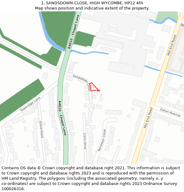 1, SANDSDOWN CLOSE, HIGH WYCOMBE, HP12 4FA: Location map and indicative extent of plot