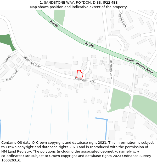 1, SANDSTONE WAY, ROYDON, DISS, IP22 4EB: Location map and indicative extent of plot