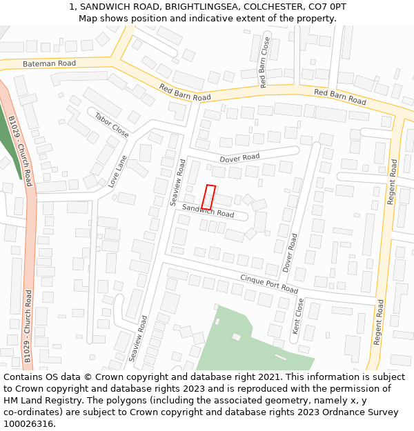 1, SANDWICH ROAD, BRIGHTLINGSEA, COLCHESTER, CO7 0PT: Location map and indicative extent of plot