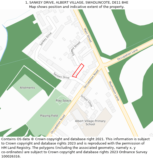 1, SANKEY DRIVE, ALBERT VILLAGE, SWADLINCOTE, DE11 8HE: Location map and indicative extent of plot