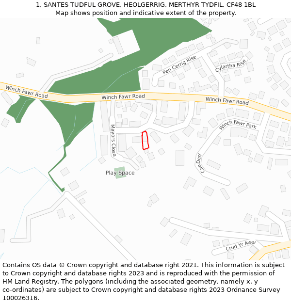 1, SANTES TUDFUL GROVE, HEOLGERRIG, MERTHYR TYDFIL, CF48 1BL: Location map and indicative extent of plot