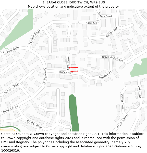 1, SARAI CLOSE, DROITWICH, WR9 8US: Location map and indicative extent of plot