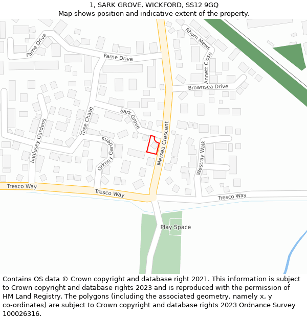 1, SARK GROVE, WICKFORD, SS12 9GQ: Location map and indicative extent of plot