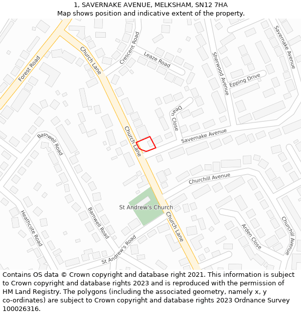 1, SAVERNAKE AVENUE, MELKSHAM, SN12 7HA: Location map and indicative extent of plot