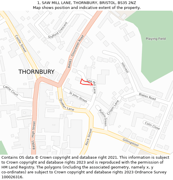 1, SAW MILL LANE, THORNBURY, BRISTOL, BS35 2NZ: Location map and indicative extent of plot