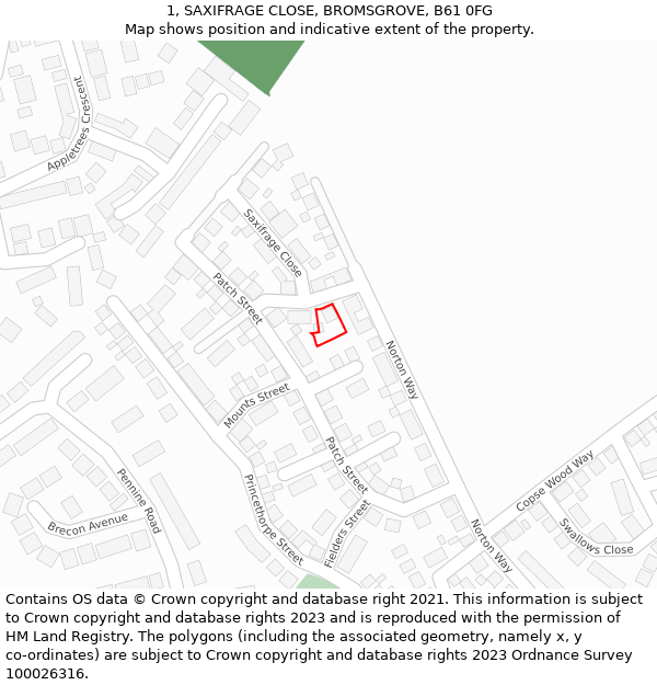 1, SAXIFRAGE CLOSE, BROMSGROVE, B61 0FG: Location map and indicative extent of plot