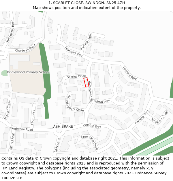 1, SCARLET CLOSE, SWINDON, SN25 4ZH: Location map and indicative extent of plot